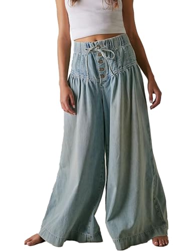 Vanchenl Damen Lose Weites Bein Denim Hose Midi Taille Kordelzug Palazzo Jeans Button Down Flare Ruffle Plissee Denim Jeans Hellblau S von Vanchenl