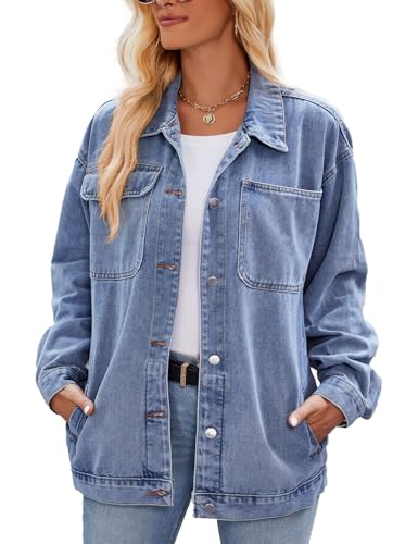 Vanchenl Damen Retro Casual Denim Jacke Oversized Knopf Oben Langarm Lose Revers Gewaschene Denim Shacket Mantel Hellblau M von Vanchenl