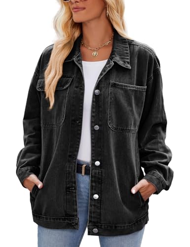 Vanchenl Damen Retro Casual Denim Jacke Oversized Knopf Oben Langarm Lose Revers Gewaschene Denim Shacket Mantel Schwarz M von Vanchenl