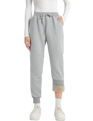 Vanchenl Damen Sherpa Gefütterte Jogginghose Winter Sportlich Laufen Jogger Fleece Hose Hellgrau gerippt S von Vanchenl