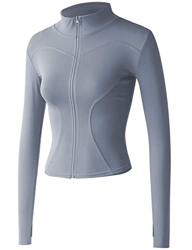 Vanchenl Damen Slim Fit Athletische Full Zip Stretch Leichte Workout Laufjacke mit Daumenlöchern Graublau M von Vanchenl