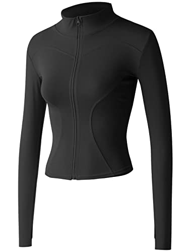 Vanchenl Damen Slim Fit Athletische Full Zip Stretch Leichte Workout Laufjacke mit Daumenlöchern Schwarz XS von Vanchenl