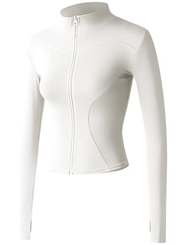 Vanchenl Damen Slim Fit Athletische Full Zip Stretch Leichte Workout Laufjacke mit Daumenlöchern Weiß L von Vanchenl