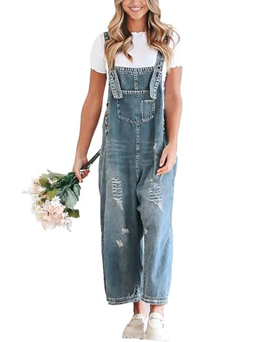 Vanchenl Damen Vintage Casual Denim Jean Overalls Lose Distressed Bib Latzhose Verstellbare Baggy Harem Romper Jumpsuit Hosen Dunkelblau S von Vanchenl