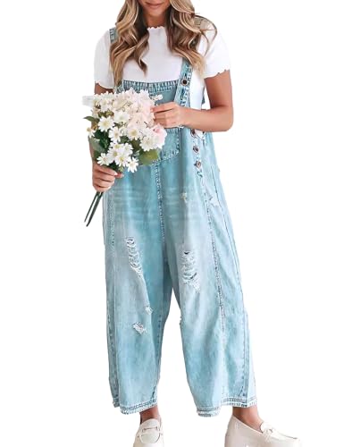 Vanchenl Damen Vintage Casual Denim Jean Overalls Lose Distressed Bib Latzhose Verstellbare Baggy Harem Romper Jumpsuit Hosen Hellblau S von Vanchenl