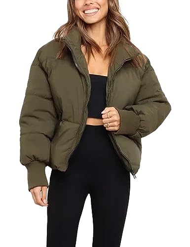 Vanchenl Damen Winter Casual Zip Warm Puffer Jacke Lose Stand Kragen Langarm Kurz Gepolstert Daunenmäntel Armeegrün L von Vanchenl