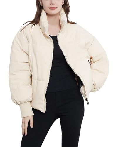 Vanchenl Damen Winter Casual Zip Warm Puffer Jacke Lose Stand Kragen Langarm Kurz Gepolstert Daunenmäntel Beige S von Vanchenl