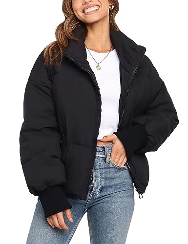 Vanchenl Damen Winter Casual Zip Warm Puffer Jacke Lose Stand Kragen Langarm Kurz Gepolstert Daunenmäntel Schwarz L von Vanchenl