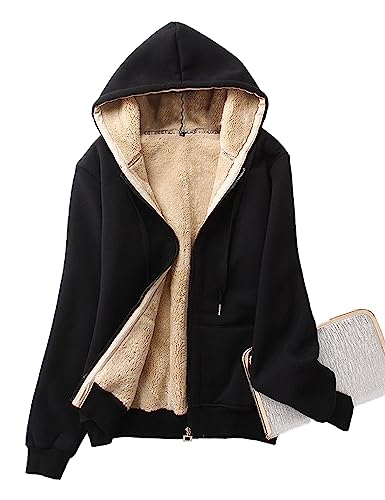 Vanchenl Damen Winter Sherpa Fleece Gefüttert Hoodies Zip Up Warm Sweatshirt Jacke Mantel Schwarz S von Vanchenl