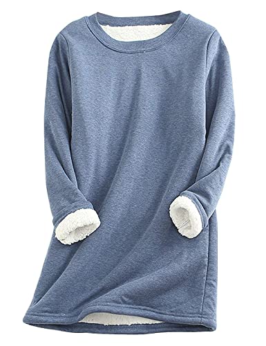 Vanchenl Damen Winter Warm Sherpa Gefüttert Fleece Sweatshirt Pullover Crewneck Sport Loungewear Langarm Tunika Tops Blau L von Vanchenl