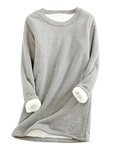 Vanchenl Damen Winter Warm Sherpa Gefüttert Fleece Sweatshirt Pullover Crewneck Sport Loungewear Langarm Tunika Tops Grau L von Vanchenl