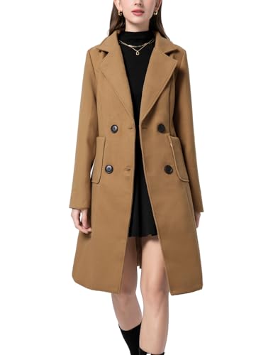 Vanchenl Damen Winter Wollmischung Mantel Gekerbten Kragen Doppelreihig Revers Mitte Lange Jacke Outwear Khaki L von Vanchenl