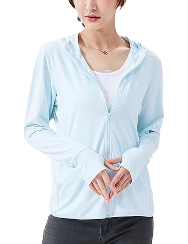 Vanchenl Frauen UPF 50+ Sonnenschutz Kapuzenpulli Laufen Leichte UV Jacke Sportlich Dünn Zip Up Outdoor Wandern Langarm SPF Shirt mit Daumenlöchern (Blau,M) von Vanchenl