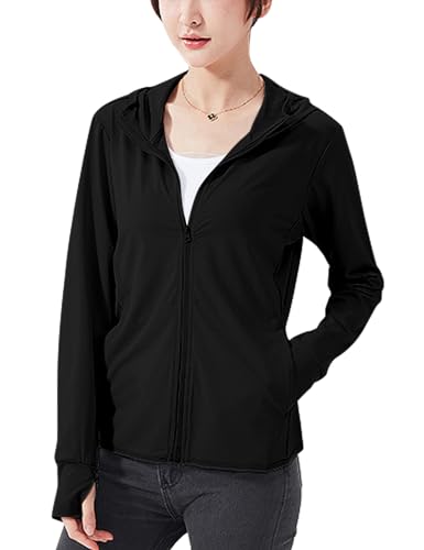Vanchenl Frauen UPF 50+ Sonnenschutz Kapuzenpulli Laufen Leichte UV Jacke Sportlich Dünn Zip Up Outdoor Wandern Langarm SPF Shirt mit Daumenlöchern (Schwarz,L) von Vanchenl