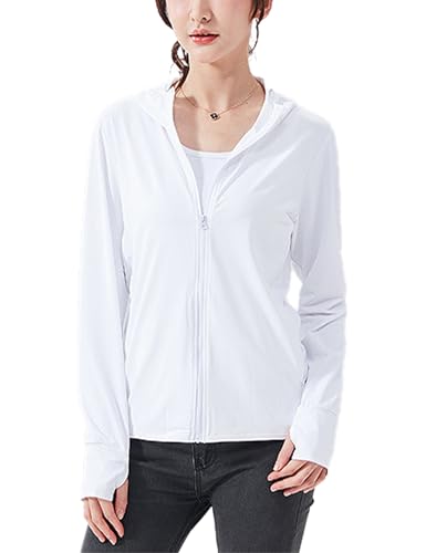 Vanchenl Frauen UPF 50+ Sonnenschutz Kapuzenpulli Laufen Leichte UV Jacke Sportlich Dünn Zip Up Outdoor Wandern Langarm SPF Shirt mit Daumenlöchern (Weiß,M) von Vanchenl