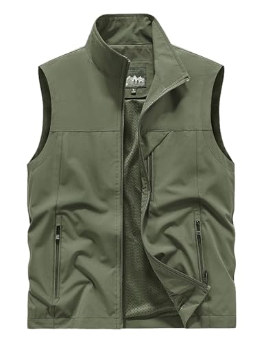 Vanchenl Herren Casual Angeln Safari Utility Vest Leichte Schnell Trockene Cargo Militär Gilets Ärmellos Fotografie Schießen Jagd Camping Weste Outdoor Reise Jacke mit Taschen Armeegrün M von Vanchenl