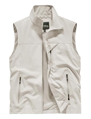 Vanchenl Herren Casual Angeln Safari Utility Vest Leichte Schnell Trockene Cargo Militär Gilets Ärmellos Fotografie Schießen Jagd Camping Weste Outdoor Reise Jacke mit Taschen Beige L von Vanchenl
