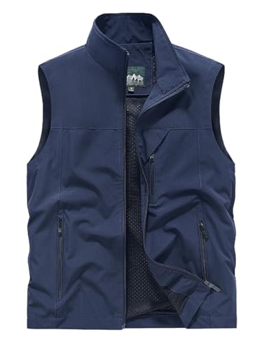 Vanchenl Herren Casual Angeln Safari Utility Vest Leichte Schnell Trockene Cargo Militär Gilets Ärmellos Fotografie Schießen Jagd Camping Weste Outdoor Reise Jacke mit Taschen Blau M von Vanchenl