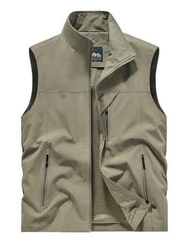 Vanchenl Herren Casual Angeln Safari Utility Vest Leichte Schnell Trockene Cargo Militär Gilets Ärmellos Fotografie Schießen Jagd Camping Weste Outdoor Reise Jacke mit Taschen Khaki L von Vanchenl