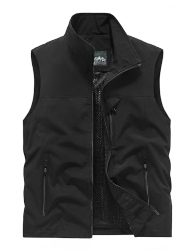 Vanchenl Herren Casual Angeln Safari Utility Vest Leichte Schnell Trockene Cargo Militär Gilets Ärmellos Fotografie Schießen Jagd Camping Weste Outdoor Reise Jacke mit Taschen Schwarz XL von Vanchenl