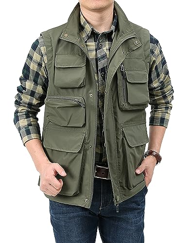 Vanchenl Herren Casual Leichtgewicht Utility Weste Outdoor Angeln Safari Gilet Cargo Schießen Reise Weste mit Taschen Armeegrün S von Vanchenl