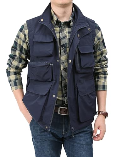 Vanchenl Herren Casual Leichtgewicht Utility Weste Outdoor Angeln Safari Gilet Cargo Schießen Reise Weste mit Taschen Blau L von Vanchenl
