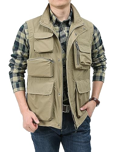 Vanchenl Herren Casual Leichtgewicht Utility Weste Outdoor Angeln Safari Gilet Cargo Schießen Reise Weste mit Taschen Khaki XL von Vanchenl