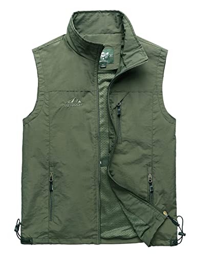 Vanchenl Herren Casual Utility Reisen Angeln Weste Outdoor Arbeit Leichtgewicht Safari Foto Multi Taschen Westen Armeegrün L von Vanchenl