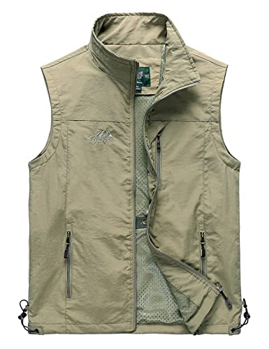Vanchenl Herren Casual Utility Reisen Angeln Weste Outdoor Arbeit Leichtgewicht Safari Foto Multi Taschen Westen Khaki L von Vanchenl
