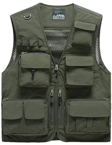 Vanchenl Herren Freizeit Safari Angeln Outdoor Arbeit Weste Jacke Foto Reise Cargo Mesh Weste Multi Taschen Armeegrün S von Vanchenl