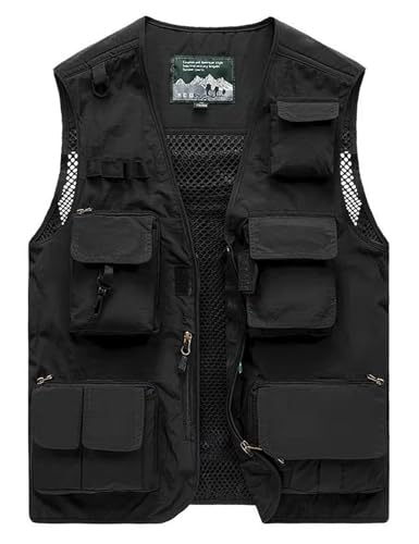 Vanchenl Herren Freizeit Safari Angeln Outdoor Arbeit Weste Jacke Foto Reise Cargo Mesh Weste Multi Taschen Schwarz S von Vanchenl
