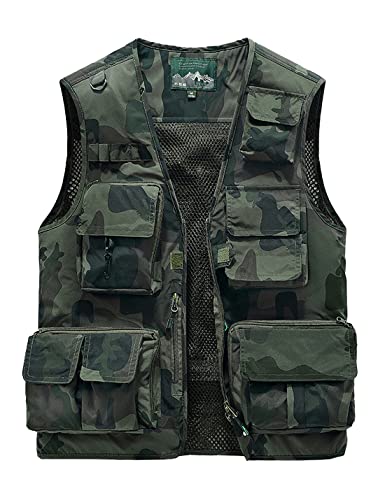 Vanchenl Herren Freizeit Safari Angeln Outdoor Arbeit Weste Jacke Foto Reise Cargo Mesh Weste Multi Taschen Tarnfarbe Armeegrün L von Vanchenl