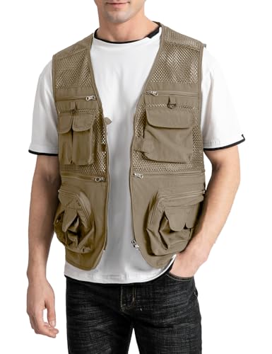 Vanchenl Herren Outdoor Arbeit Mesh Angeln Weste Utility Multi Pocket Schießen Safari Reise Fotografie Waistcoatt Khaki S von Vanchenl