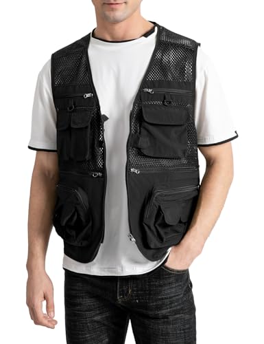 Vanchenl Herren Outdoor Arbeit Mesh Angeln Weste Utility Multi Pocket Schießen Safari Reise Fotografie Waistcoatt Schwarz XL von Vanchenl
