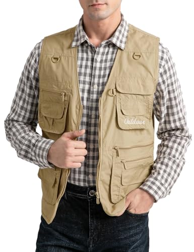 Vanchenl Herren Utility Weste Safari Reise Cargo Outdoor Arbeit Leichtes Foto Schießen Weste mit Taschen Khaki M von Vanchenl