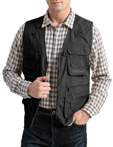 Vanchenl Herren Utility Weste Safari Reise Cargo Outdoor Arbeit Leichtes Foto Schießen Weste mit Taschen Schwarz S von Vanchenl