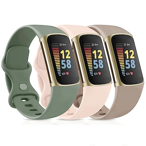 Vancle 3PACK Armbands für Fitbit Charge 5 Armband Fitbit Charge 6 Armband Damen Herren,Silikon Sport Weiches Ersatzarmband Uhrenarmband für Fitbit Charge 6/5(S,Hellrosa/Milchtee/Avocadogrün) von Vancle