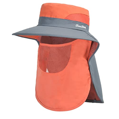 VanderHOME Sonnenhut Nackenschutz Herren Damen Outdoor Hut UV Schutz Atmungsaktiv Leichtgewicht Faltbar Fischerhut mit Abnehmbarer Maske, Orange von VanderHOME