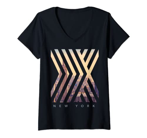 Damen New York City Manhattan Skyline Abstrakt T-Shirt mit V-Ausschnitt von Vanderlust