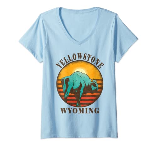 Damen Yellowstone Wyoming US National Park Bison Wandern Camping T-Shirt mit V-Ausschnitt von Vanderlust