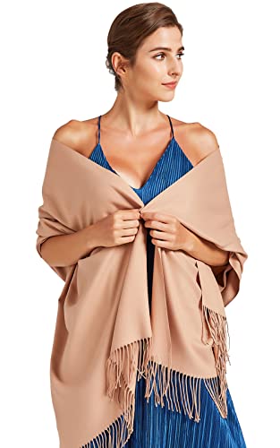 VaneriHome Schal Damen Frühling Herbst einfarbig mit Quaste Elegante Stola für Freizeit Abendkleid Hochzeit 190x63cm, Kamel von VaneriHome