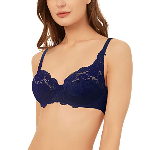 VANEVER Damen Spitzen-BH Bequemer Damen-BH, Sexy BH mit Bügel & Ohne Polsterung Cups, Atmungsaktive & Nicht scheuernde Damenunterwäsche, Natürlicher Lift & Support,Navy 32A von Vanever