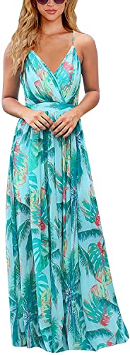 Vangreynve Damen Blumen Kleid Ärmellos V-Ausschnitt Sommerkleider Boho Swing Strandkleid Lang Blau 1 M von Vangreynve