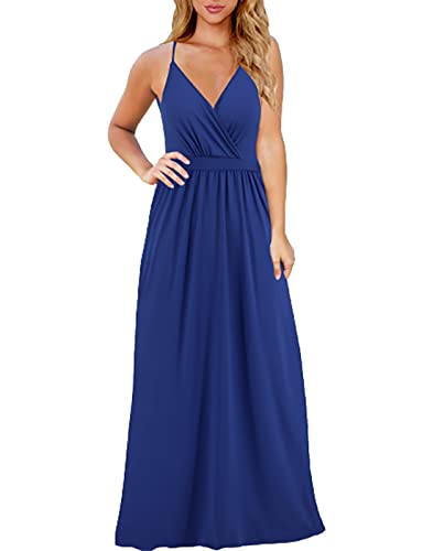 Vangreynve Damen Blumen Kleid Ärmellos V-Ausschnitt Sommerkleider Boho Swing Strandkleid Lang Blau 2 XL von Vangreynve