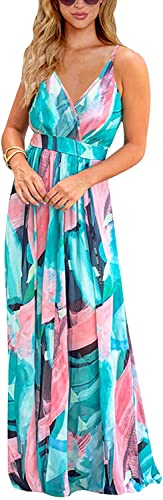 Vangreynve Damen Blumen Kleid Ärmellos V-Ausschnitt Sommerkleider Boho Swing Strandkleid Lang Blau M von Vangreynve