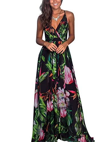 Vangreynve Damen Blumen Kleid Ärmellos V-Ausschnitt Sommerkleider Boho Swing Strandkleid Lang Grün XL von Vangreynve
