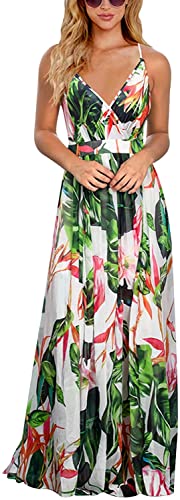 Vangreynve Damen Blumen Kleid Ärmellos V-Ausschnitt Sommerkleider Boho Swing Strandkleid Lang Weiß L von Vangreynve