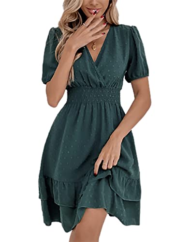 Vangreynve Damen Minikleid V-Ausschnitt A-Linie Kleider Elegant Hohe Taille Langarm Freizeitkleid Kurze Ärmel-Grün L von Vangreynve