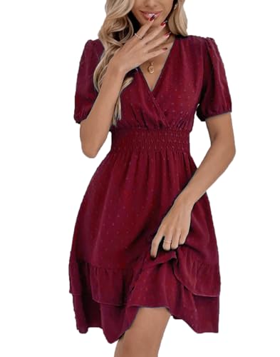 Vangreynve Damen Minikleid V-Ausschnitt A-Linie Kleider Elegant Hohe Taille Langarm Freizeitkleid Kurze Ärmel-Weinrot XXL Vangreynve Damen Minikleid V-Ausschnitt A-Linie Kleider Elegant Hohe Taille Langarm Freizeitkleid Kurze Ärmel-Weinrot XXL von Vangreynve