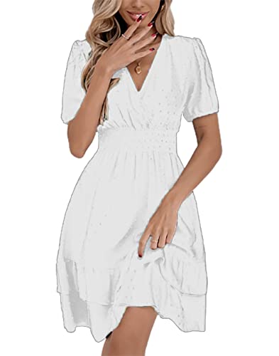 Vangreynve Damen Minikleid V-Ausschnitt A-Linie Kleider Elegant Hohe Taille Langarm Freizeitkleid Kurze Ärmel-Weiß M von Vangreynve